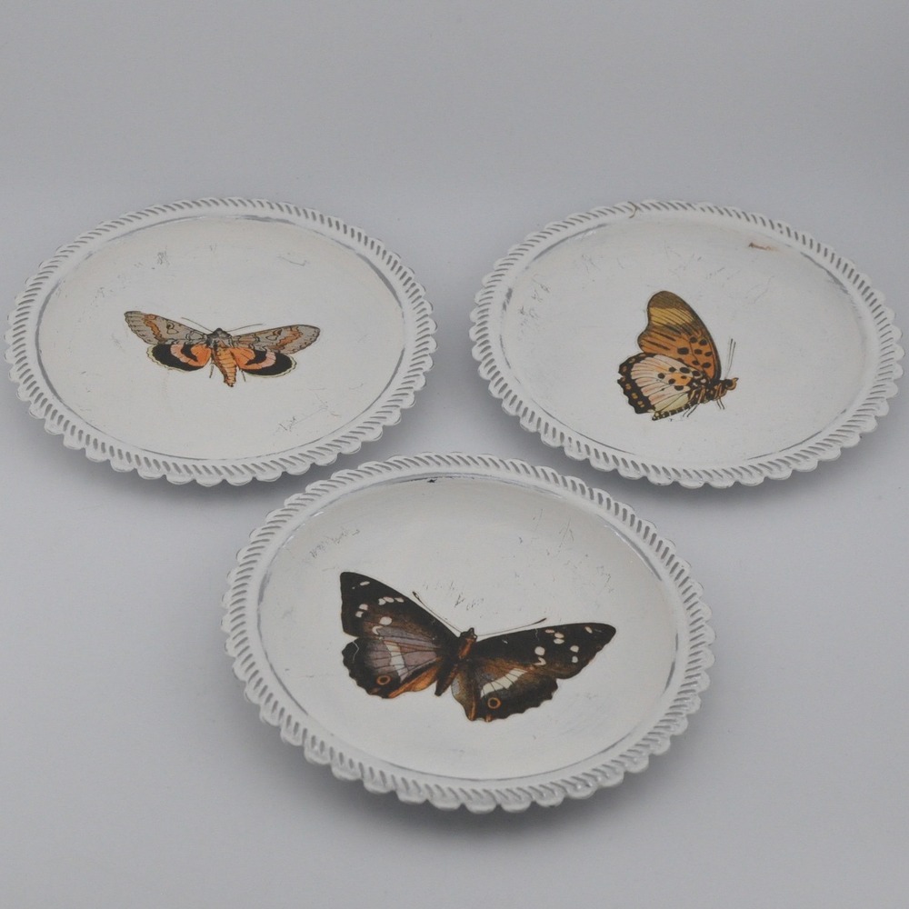Handmade Butterfly Wall Hanging Plates Set of 3 Small White Excellent Rustic